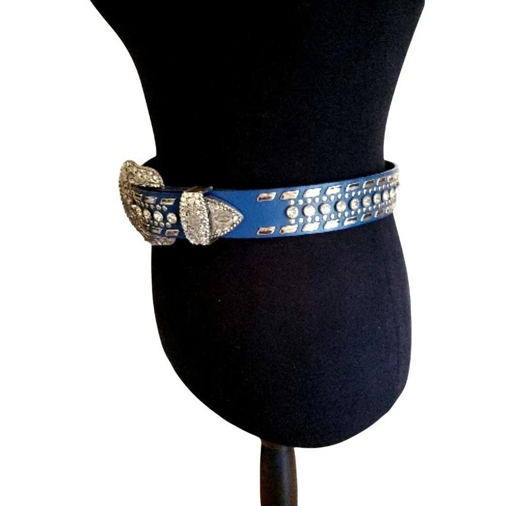 Nocona Blue Leather Belt 26 Crystal Studded Western Silver Floral Buckle Cowgirl